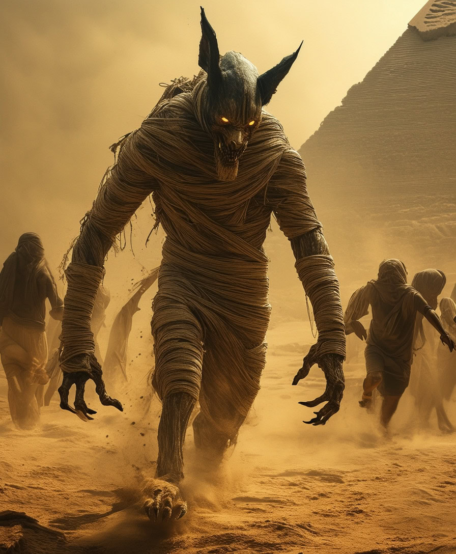 smartphone photo of A terrifying mummy-like monster, twice the size of a human, emerging from an anc (2)